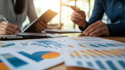 Aufkleber - A professional analyzing and discussing business performance graphs with colleagues in a modern office, with charts and data visible on a wall-mounted screen.