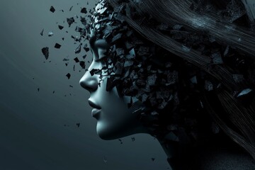 Fototapete - Artistic representation of a dissolving figure in a dark atmosphere capturing themes of fragmentation and identity