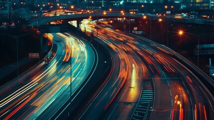 Poster - A wide-angle view of a bustling expressway at night, with illuminated streetlights and traffic flowing smoothly, showcasing the citys vibrant nightlife.