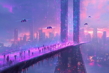 Poster - Futuristic cityscape with neon lights and flying cars at sunset presenting a vibrant urban atmosphere