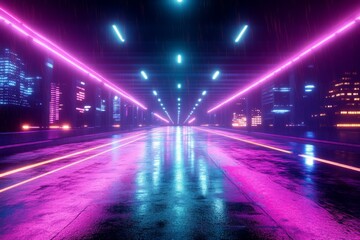Poster - Neon-lit cityscape at night with reflective wet streets and vibrant colors