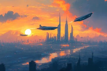 Poster - Futuristic skyline with flying vehicles under a vibrant sunset in a cityscape