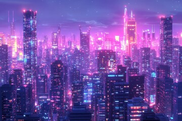 Poster - Vibrant neon city skyline illuminated by colorful lights at night in a futuristic urban landscape