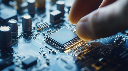 Wall Mural - a hand inserting a quantum processor chip into a quantum computer motherboard, visible gold connecto