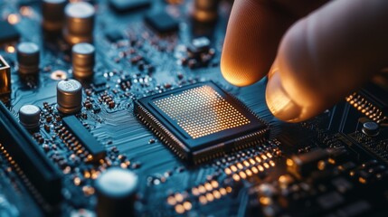 Wall Mural - a hand inserting a quantum processor chip into a quantum computer motherboard, visible gold connecto