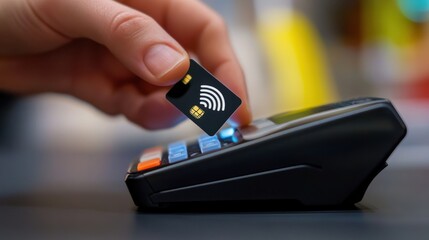 Wall Mural - a hand inserting a small nfc chip into a contactless payment terminal, visible touchpad and wireless