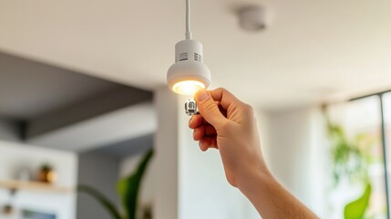 Wall Mural - a hand installing a smart lightbulb into a modern ceiling socket, visible smart bulb components and 