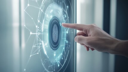 Wall Mural - a hand placing a biometric fingerprint scanner onto a door lock, visible sensor surface and connecti