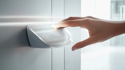 Wall Mural - a hand placing a biometric fingerprint scanner onto a door lock, visible sensor surface and connecti