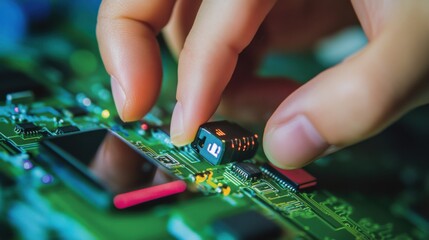 Wall Mural - a hand placing a smart sensor inside a wearable fitness tracker, visible sensor circuitry and touchp