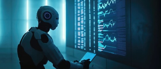 A robot sitting at a desk with a monitor, great for tech-related concepts