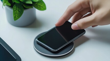 Wall Mural - a hand using a magnetic wireless charger to charge a modern smartphone, visible magnetic connector a