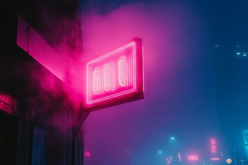 Poster - Bright neon sign glows in foggy urban night creating a vibrant atmosphere around the street