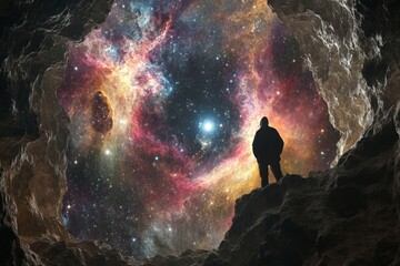 Poster - Stargazer admires cosmic wonders from cave opening during nighttime exploration