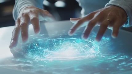Wall Mural - a person interacting with a holographic display, visible 3d holograms and hand gestures, clean moder