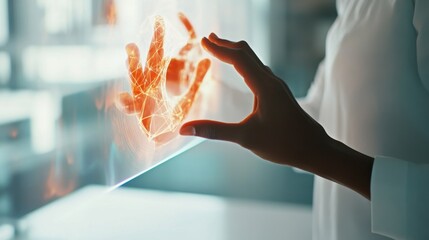 Wall Mural - a person interacting with a holographic display, visible 3d holograms and hand gestures, clean moder