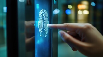 Wall Mural - a person using a biometric fingerprint scanner on a modern office door, clear fingerprint interface 
