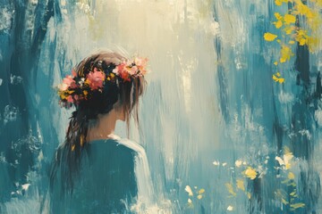 Poster - Woman with flower crown in serene forest setting during golden hour