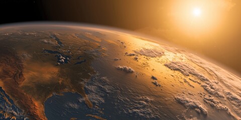 Wall Mural - Planet Earth with golden sunrise glow, framed by swirling clouds. Vast celestial body with dark landmasses, alongside bright horizon. Deep blue space with scattered stars and soft light.