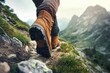 © Pavel - Man hiking up mountain trail with close-up of leather boots showing motion and determination