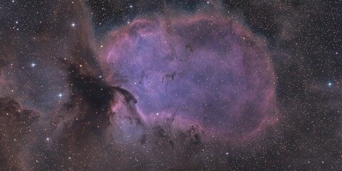Wall Mural - Purple nebula with starry expanse. Cosmic cloud formation with deep space glow. Galactic phenomenon with dark void background for astronomy theme.