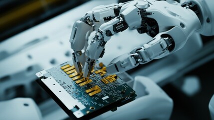 Wall Mural - a robotic gripper hand assembling a smartphone motherboard, visible gold circuit lines and soldering