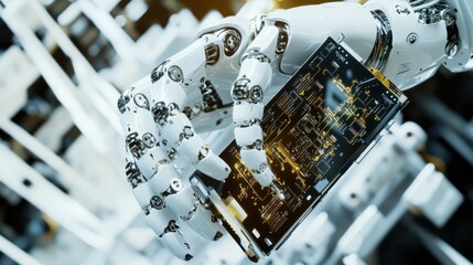 Wall Mural - a robotic gripper hand assembling a smartphone motherboard, visible gold circuit lines and soldering