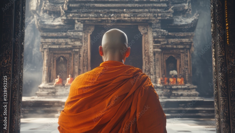 Buddhist monk in orange robe standing in ancient temple interior ...