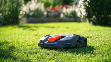 Wall Mural - a robotic lawn mower, suburban garden with robotic mower cutting grass autonomously, home-tech style