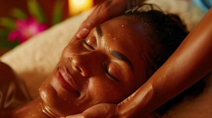 Wall Mural - A woman receives a massage at a spa, covered in oil, with candlelight in the background.