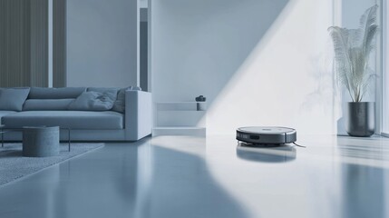 Wall Mural - a robotic vacuum cleaner, living room with robot vacuum cleaning the floor autonomously, home-tech s