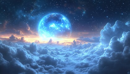 Wall Mural - glowing planet with moon and stars in dreamlike cosmic atmosphere