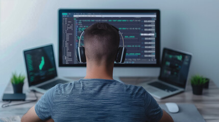 Wall Mural - coding night owl: a software developer, engrossed in the digital world, works late, illuminated by t