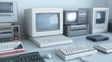 Wall Mural - retro computing: a nostalgic collection of vintage computers and keyboards, showcasing the evolution
