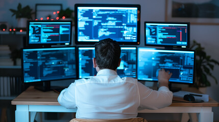 Wall Mural - tech wizard's command center: a tech-savvy individual immersed in a digital realm of code, surrounde