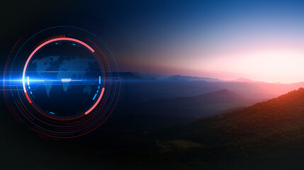 Wall Mural - global network and mountain view: a striking digital interface with a world map design overlays a pi