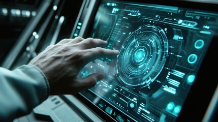 Wall Mural - a scientist adjusting settings on a touchscreen control panel in a futuristic laboratory, clear digi