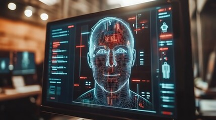 Futuristic face recognition interface on a computer screen.