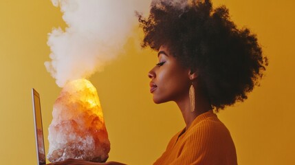 Poster - Digital Meditation Meets Fire and Tech Surreal Remote Work Aesthetic Exploring Creativity, Mindfulness, and Generative AI Performance in Vibrant Yellow Workspace