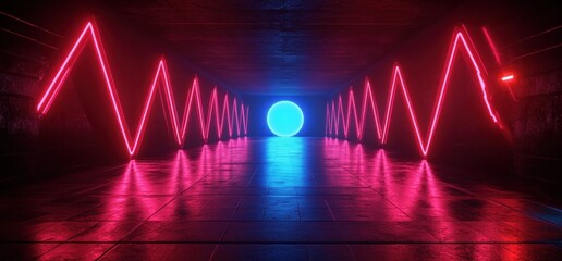 Poster - Futuristic Neon Hallway Cyberpunk Tunnel with Red Zigzag Lights and Blue Glow under Dramatic Lighting