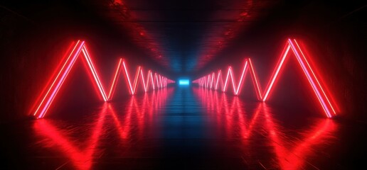 Poster - Neon Cyberpunk Futuristic Underground Tunnel Corridor with Red Laser Lights and Reflective Floor