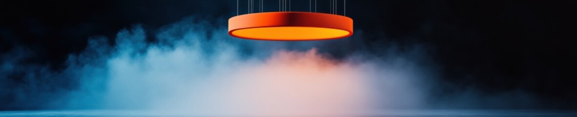 Poster - Immersive Metaverse Lighting Innovation Futuristic Neon Circular Pendant Illuminating Misty Digital Workspace with Atmospheric Cyberpunk Aesthetic