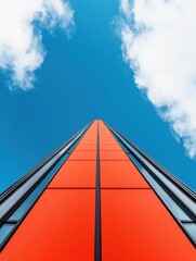 Poster - Bold Geometric Architecture Futuristic Urban Perspective with Vibrant Orange Facade and Dynamic Minimalist Design - Innovation Meets Visual Technology