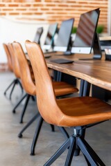 Poster - Modern Collaborative Workspace Design Ergonomic Leather Swivel Chairs and Industrial Brick Aesthetic - Innovative Tech Startup Interior with Minimalist Scandinavian Workplace Inspiration