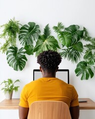 Aufkleber - Biophilic Home Office Revolution Vibrant Yellow Workspace Design with Lush Tropical Foliage - Sustainable Remote Work Wellness for Creative Professionals
