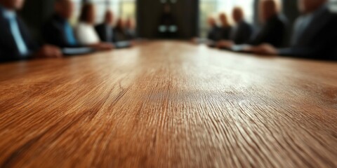 Poster - Collaborative Workspace Aesthetics Warm Wood Grain Conference Table Capturing Blurred Professional Networking and Hybrid Meeting Dynamics in Modern Corporate Culture