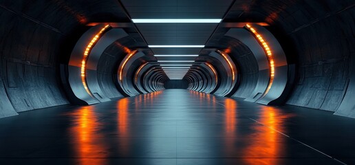 Poster - Futuristic Underground Corridor Minimalistic Sci-Fi Design Reflective Floor Cinematic Lighting Cyberpunk Aesthetics