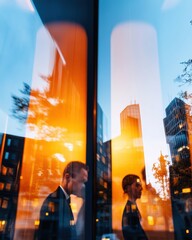 Fototapete - Urban Synchronicity Dynamic Professional Collaboration in Modern Glass Reflection - Next-Gen Workplace Connectivity and Innovative Corporate Design Storytelling