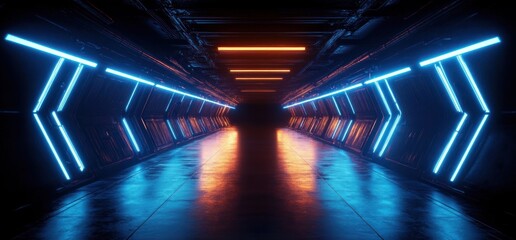 Aufkleber - Futuristic Sci Fi Neon Blue Corridor Garage Hangar Industrial Studio Showcase 3D Rendering