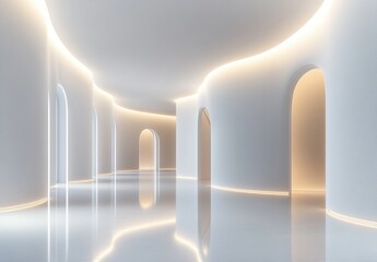 Poster - Minimalist Modern Hallway with Curved Walls Soft Lighting and Glossy Floor